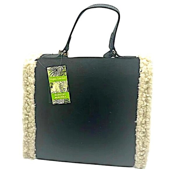 Badgley Mischka NEW Black Suede Like Fur Trimmed Satchel Working Lock & Key $159 - Picture 4 of 11